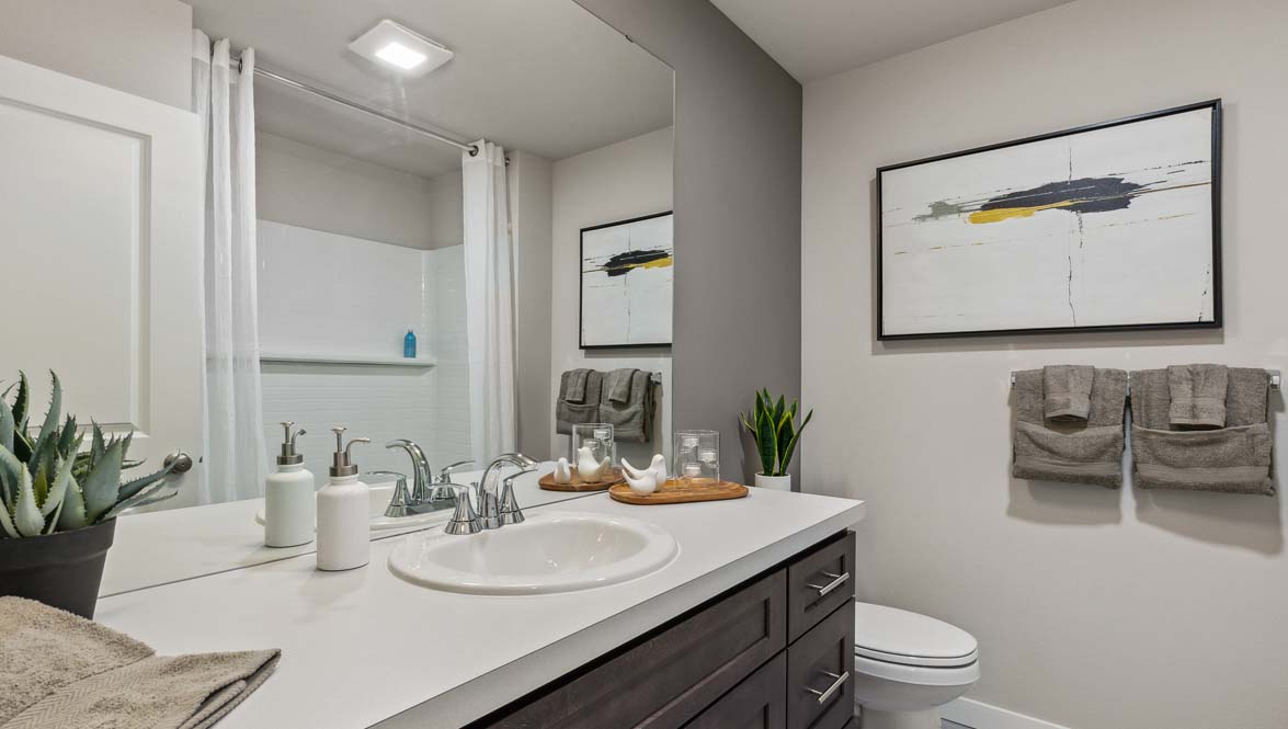 Full bathroom with single-sink vanity, large mirror, shower and tub combination, and modern fixtures.
