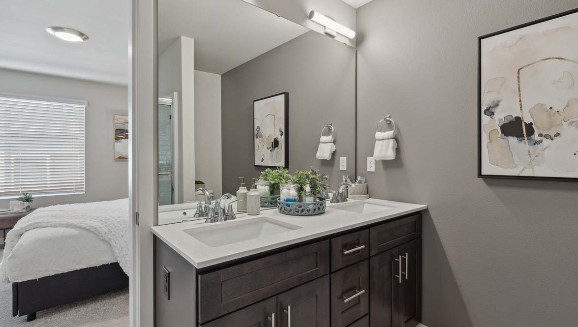 Double-sink bathroom vanity with dark cabinetry, large wall mirror, decorative accents, and direct access to an adjoining bedroom.
