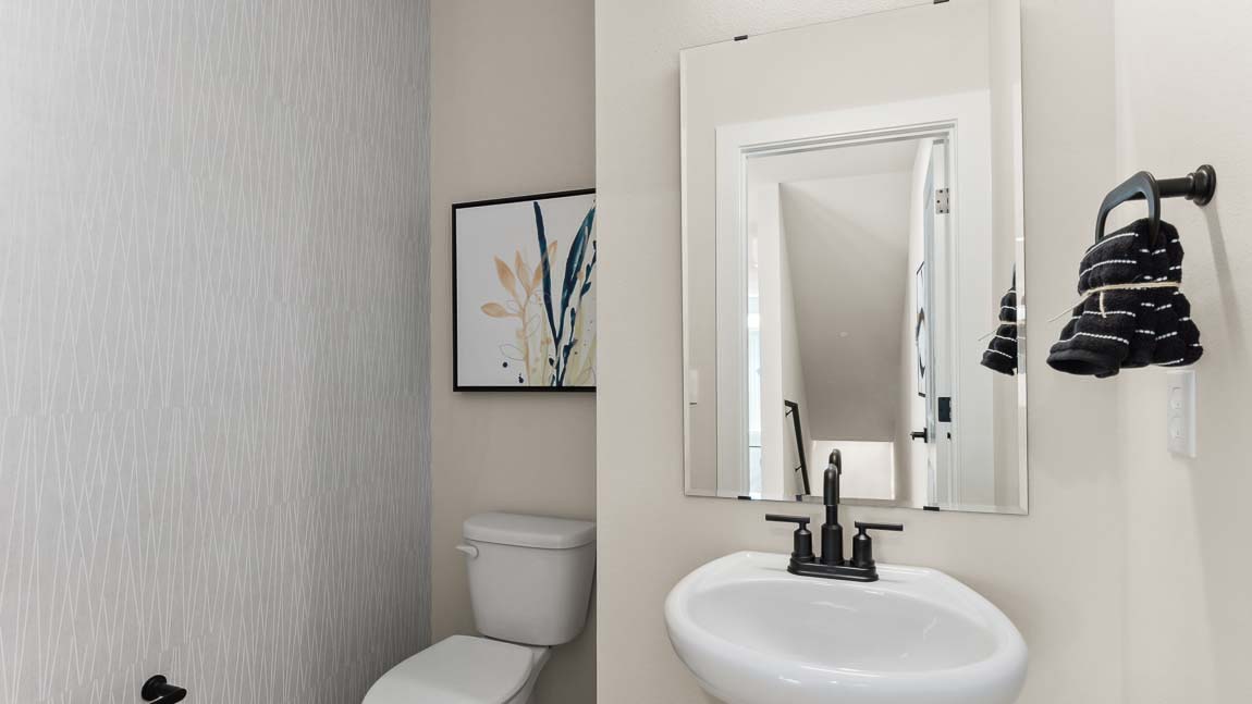 Powder room with pedestal sink and mirror