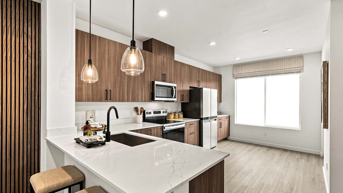 Contemporary kitchen with white quartz countertops, undermount sink, pendant lighting, and stainless steel appliances.