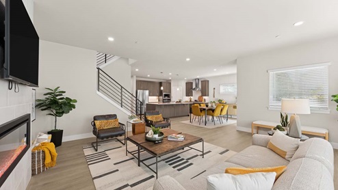 View from living room to dining and kitchen