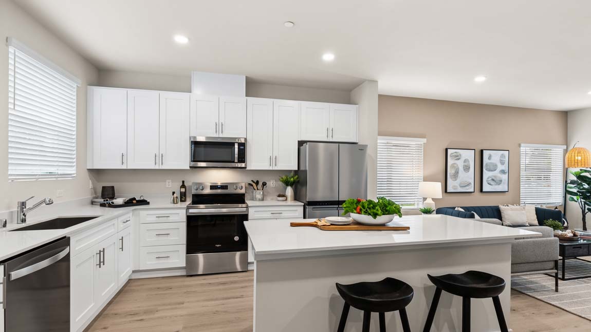 Kitchen flows seamlessly into living and dining areas