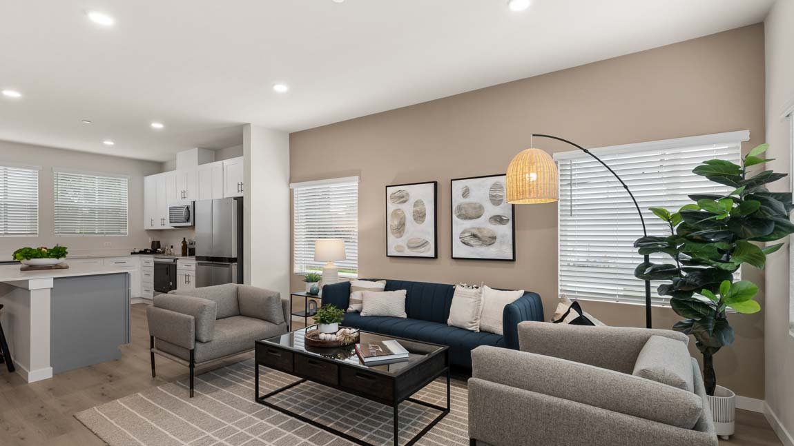 View of living and kitchen in this open-concept home