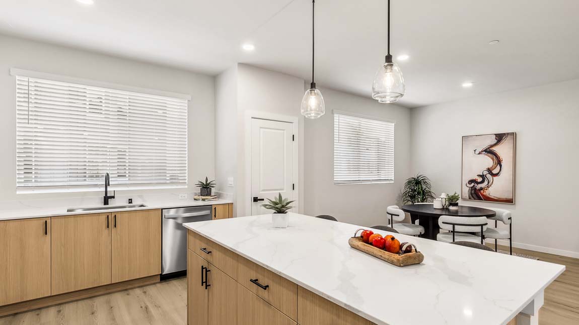 Kitchen flows seamlessly into dining space
