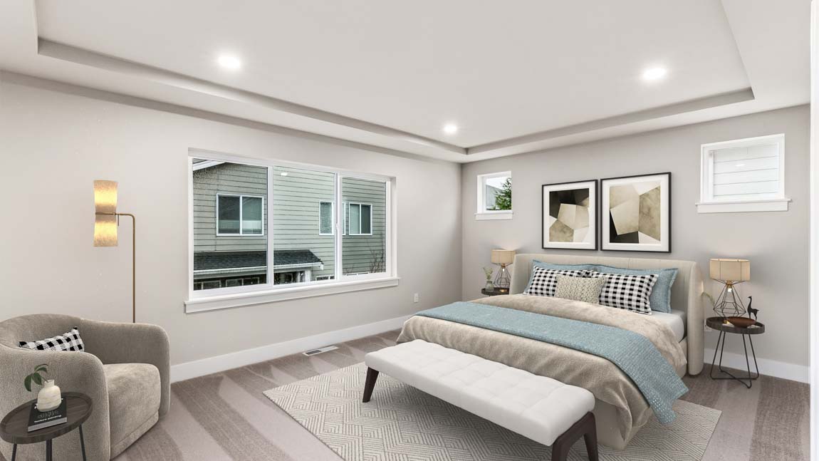 Large primary bedroom with trace ceilings