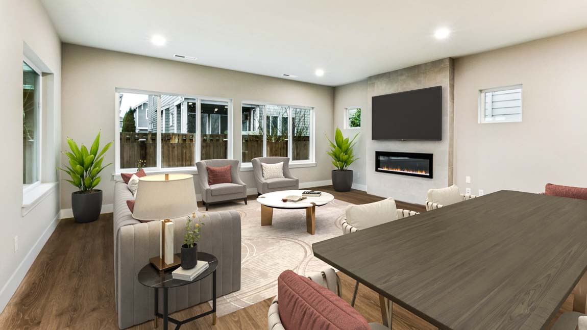 Another view of dining and living space with cozy electric fireplace