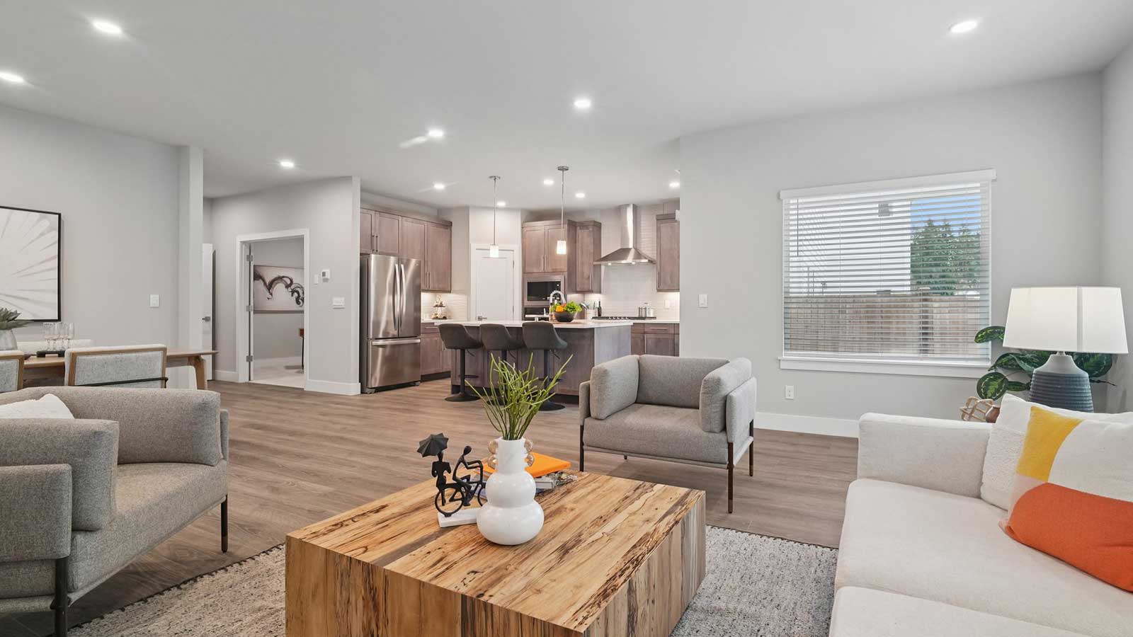 View from living room into dining and kitchen