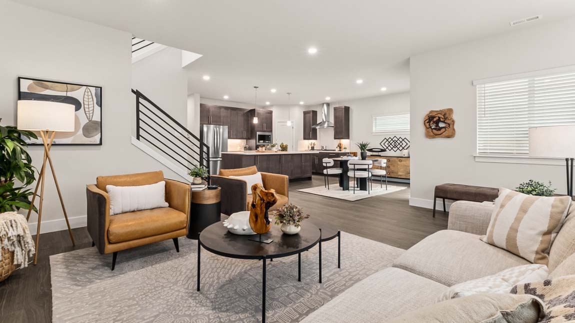 View from living room into dining and kitchen space