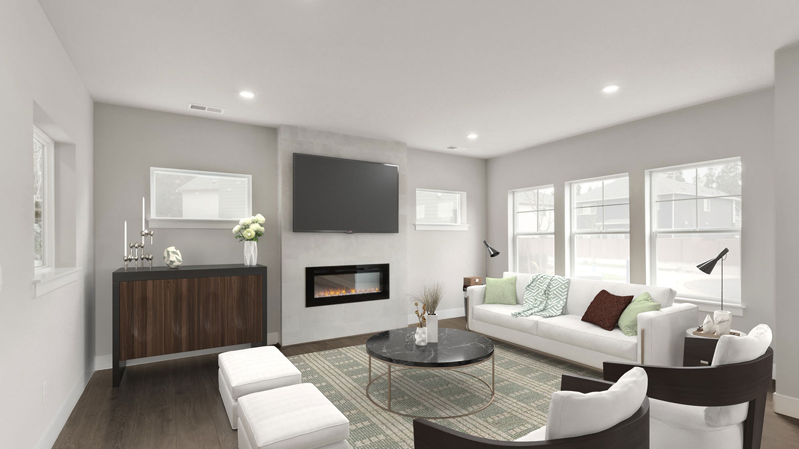 Beautiful Living room with cozy electric fireplace and large windows