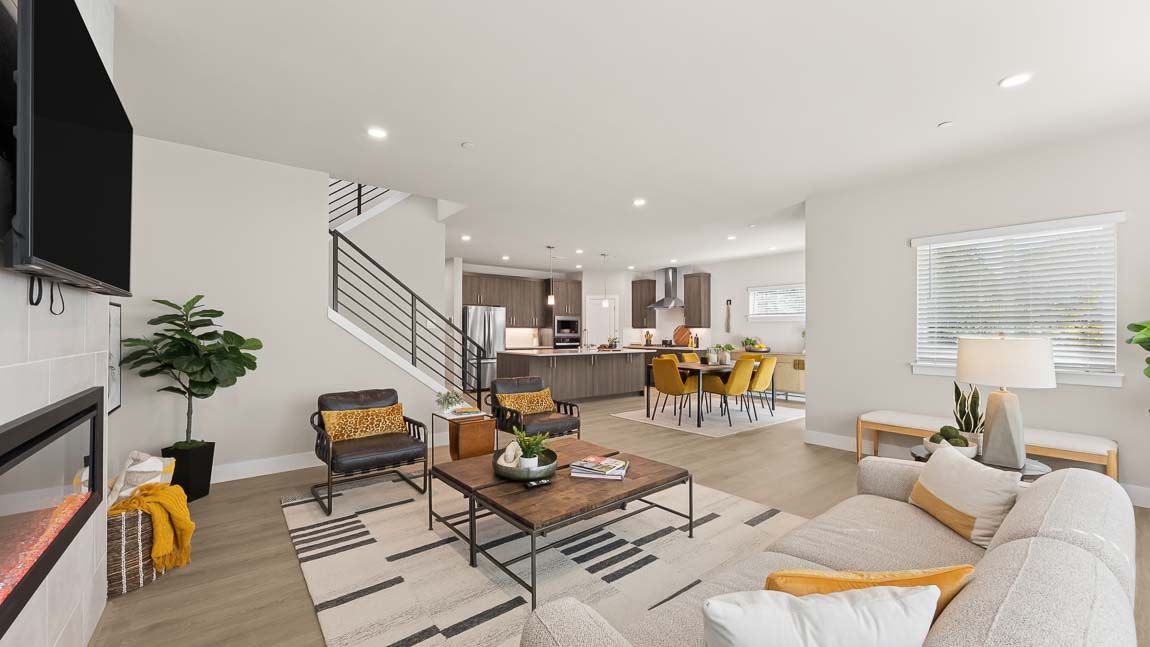 View from living room into dining and kitchen space