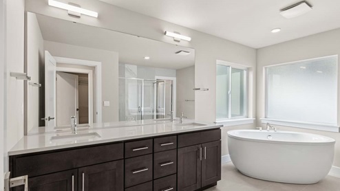 Primary bathroom with 2 sink vanity and soaking tub