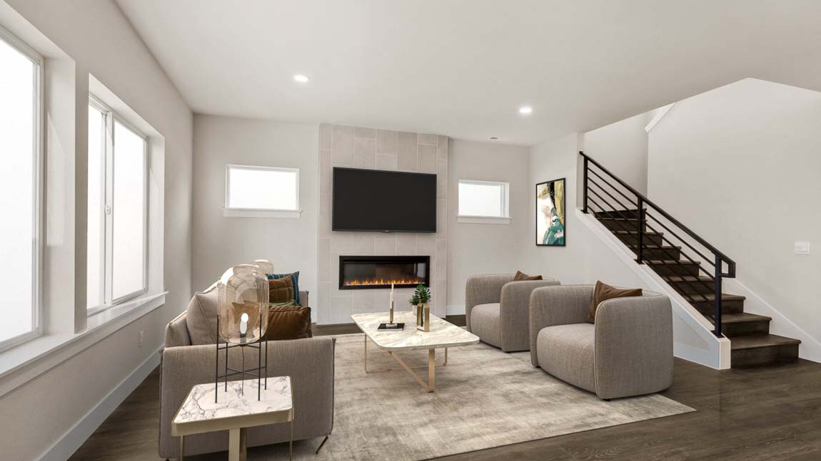 living with peak at staircase to upper floor