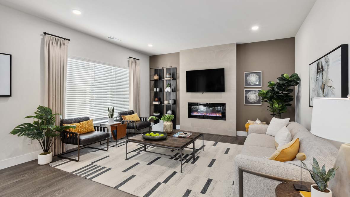 Bright living room with modern fireplace, wall-mounted TV, large area rug, and contemporary seating.