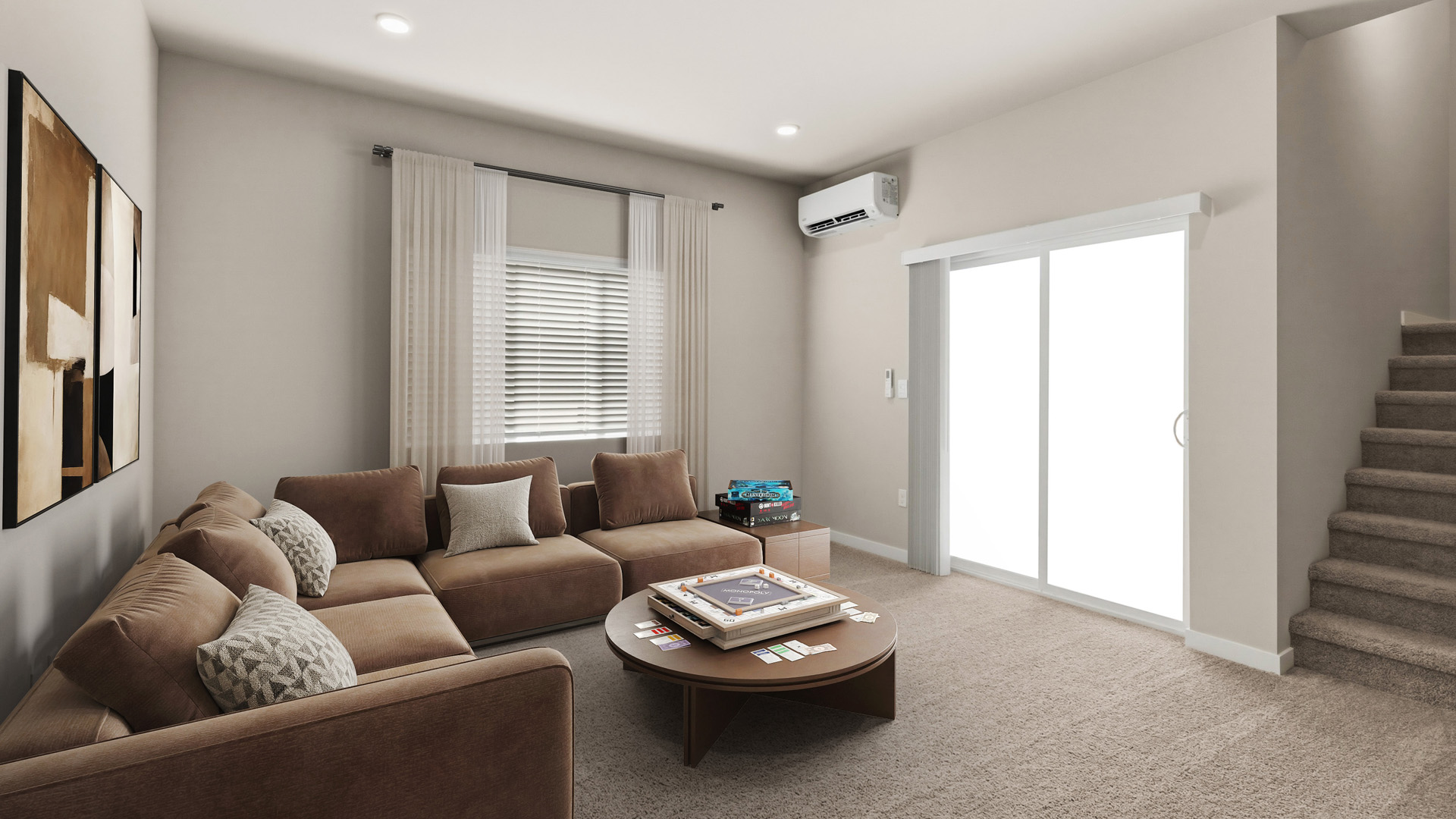 Carpeted bonus room with a brown sectional, round coffee table set with a board game, sliding glass doors, wall-mounted air conditioner, and stairs.