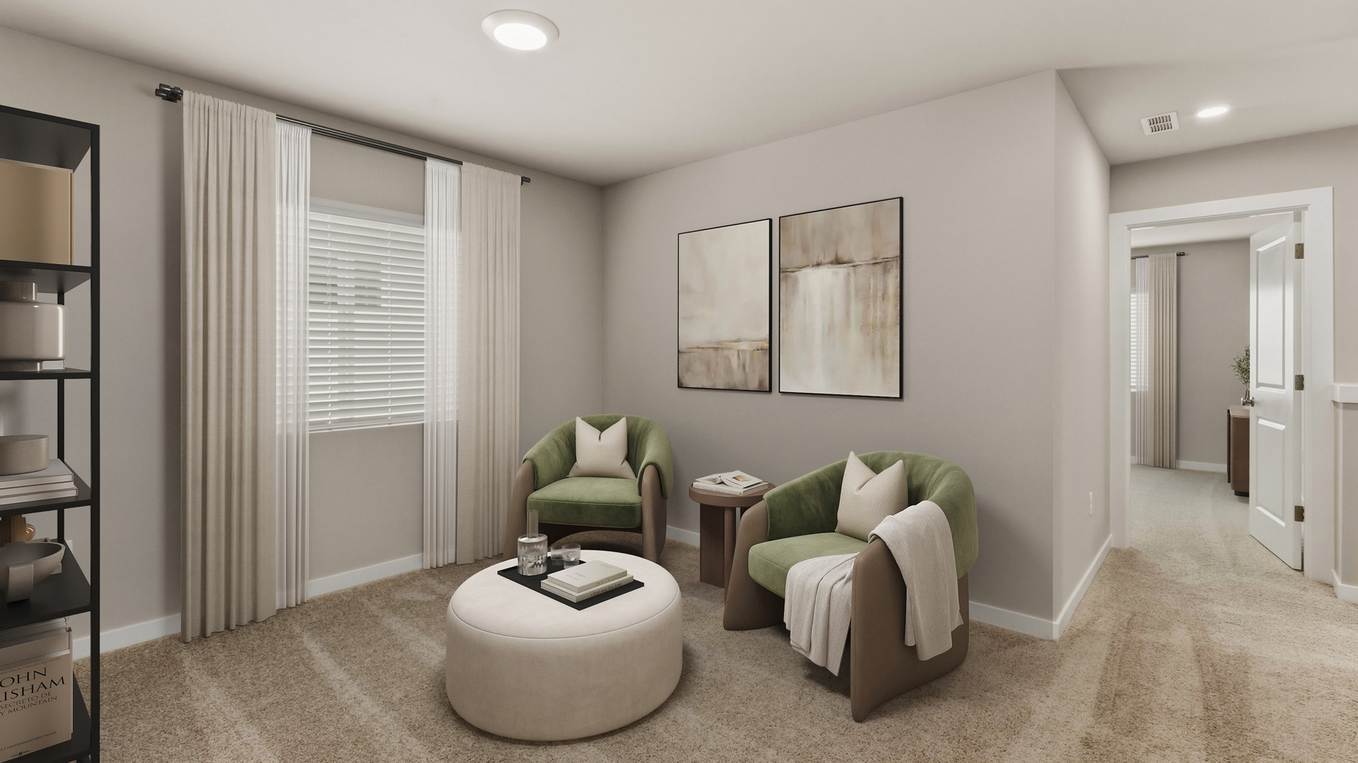 Carpeted sitting area with two green barrel chairs, a round upholstered ottoman, neutral abstract artwork, sheer curtains, and an open hallway.
