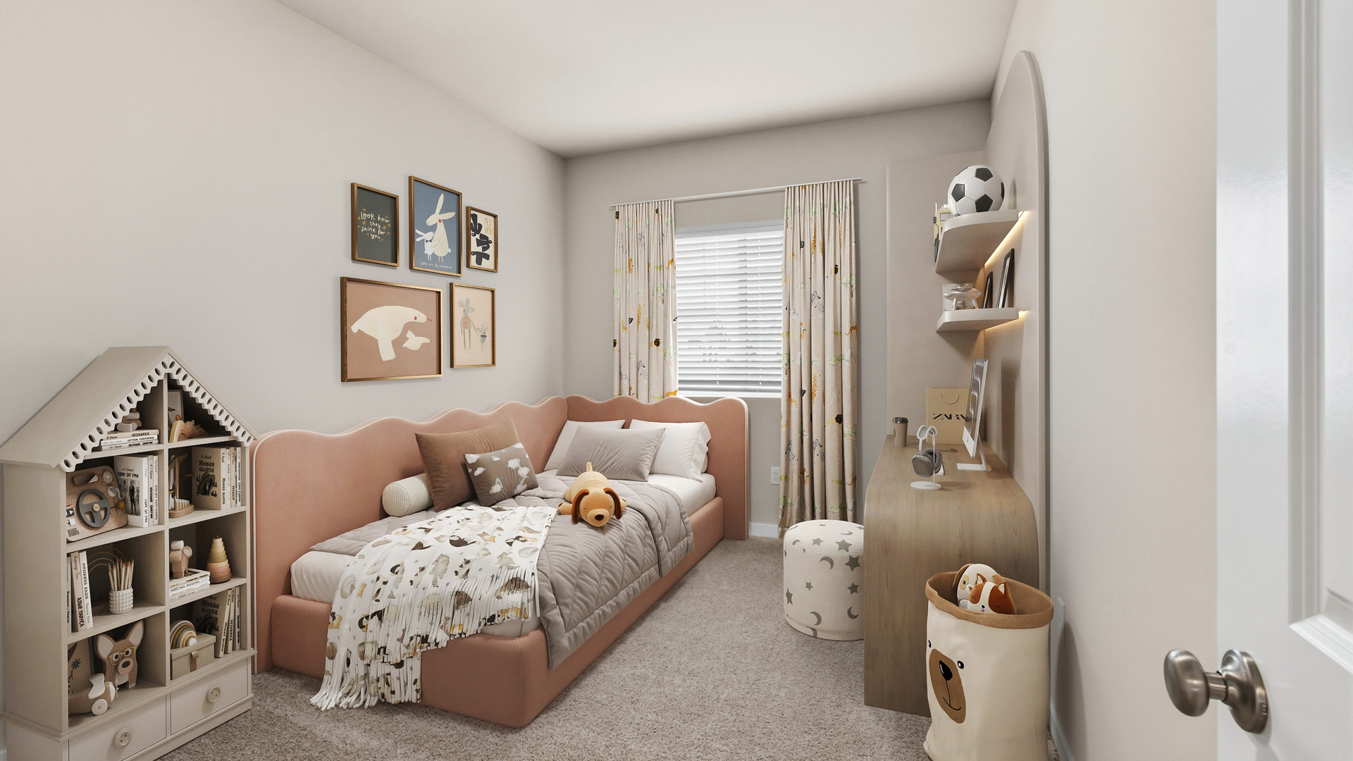 Child's bedroom with a pink upholstered daybed, animal-themed bedding and toys, house-shaped bookcase, wall art, desk, lighted shelves, and patterned curtains.