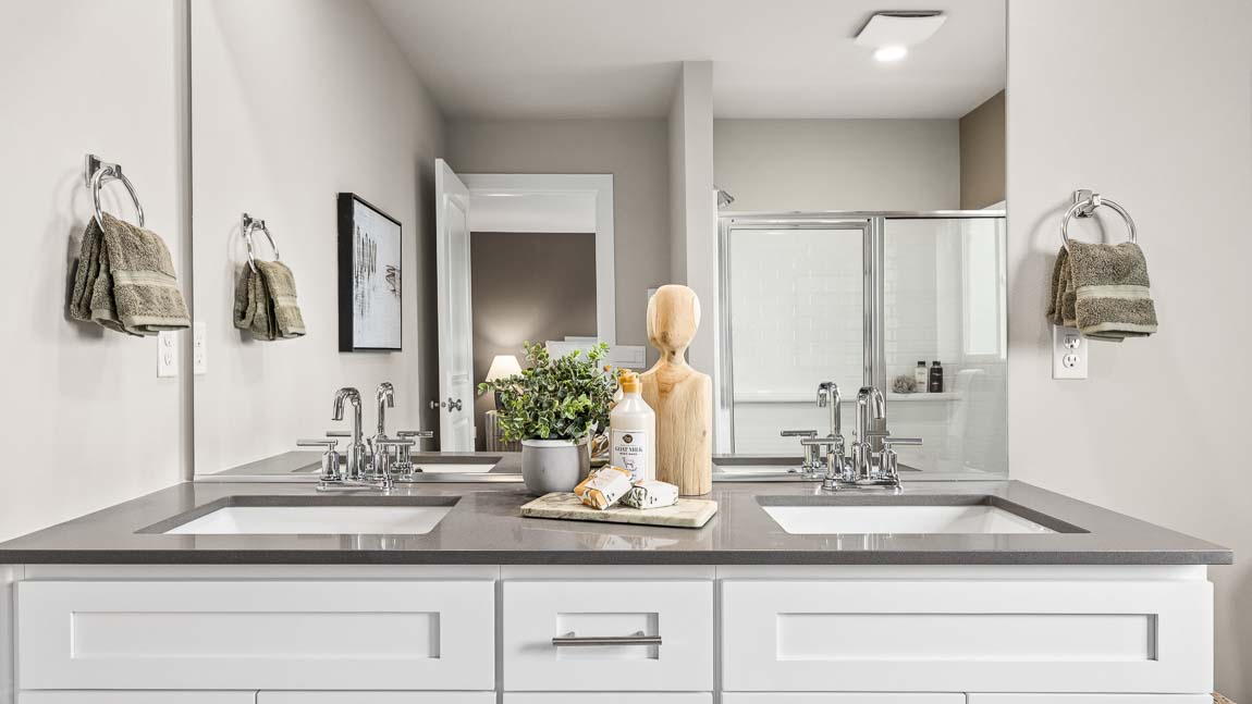 Shot of 2 sink vanity and extra-large step-in shower in the primary bathroom