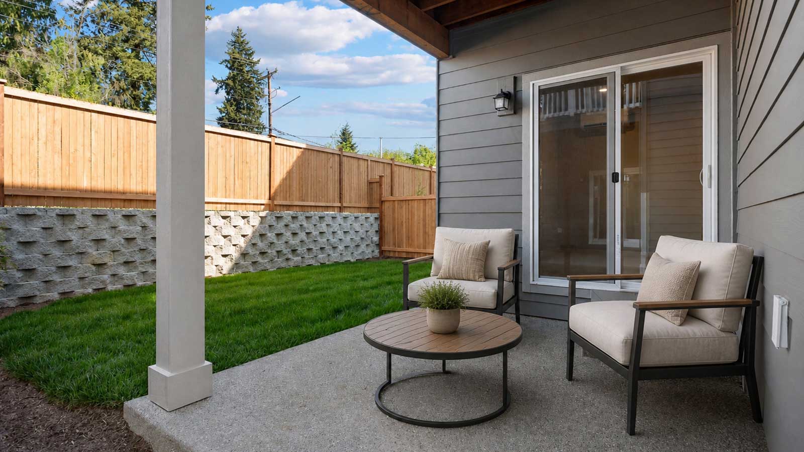 Covered patio with access on the lower floor