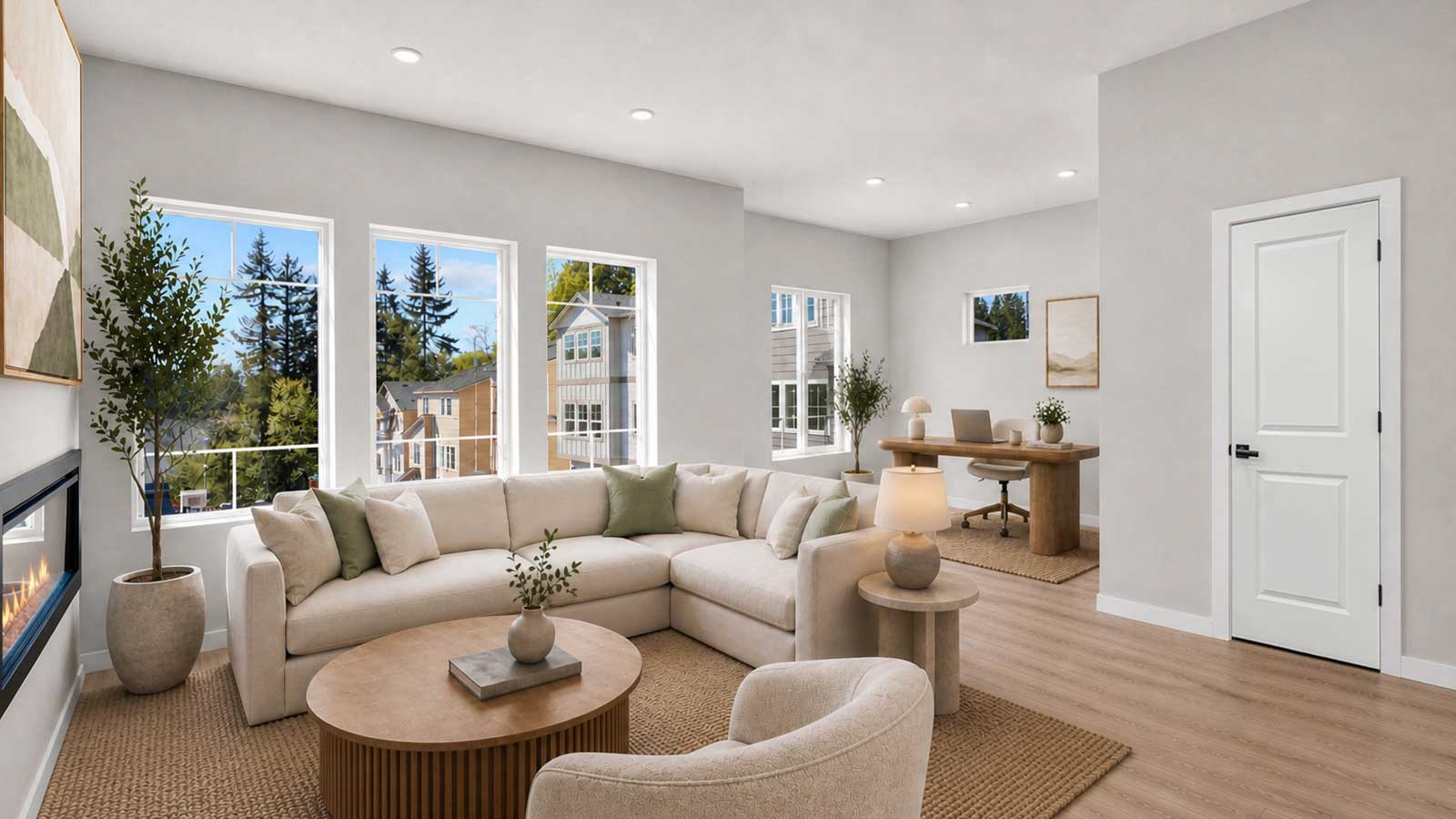 Gorgeous living room with flex study space and a powder bath on the main floor