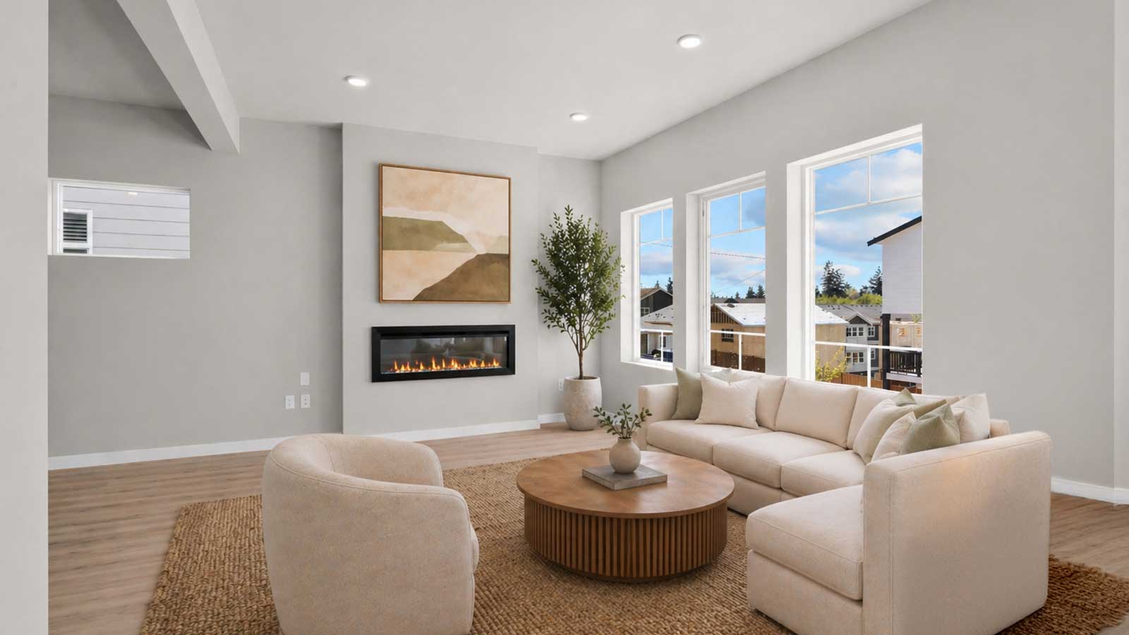 Close up view of the living room bathed in natural light and featuring a cozy electric fireplace