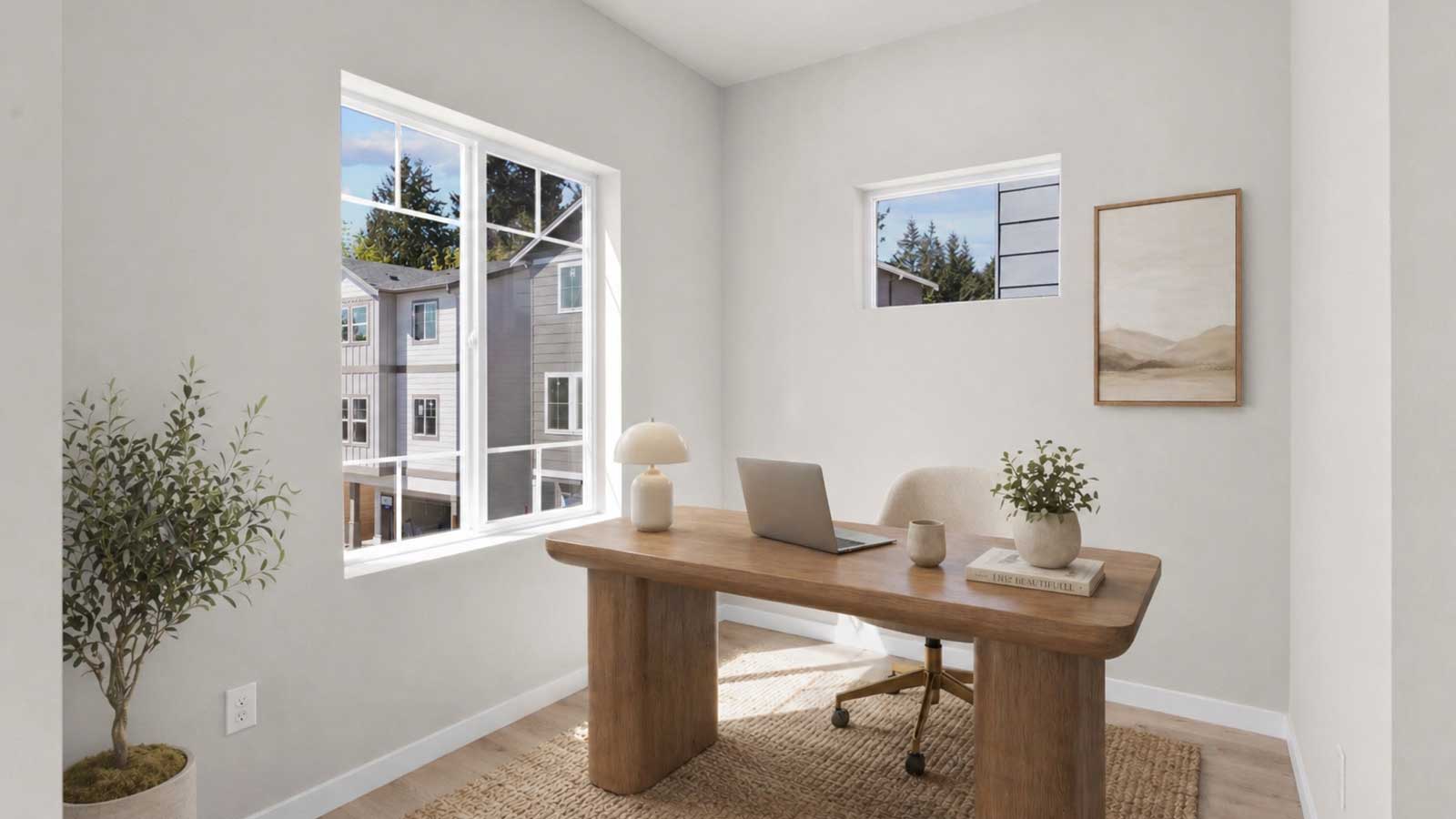 Study space off of the living room staged as a home office