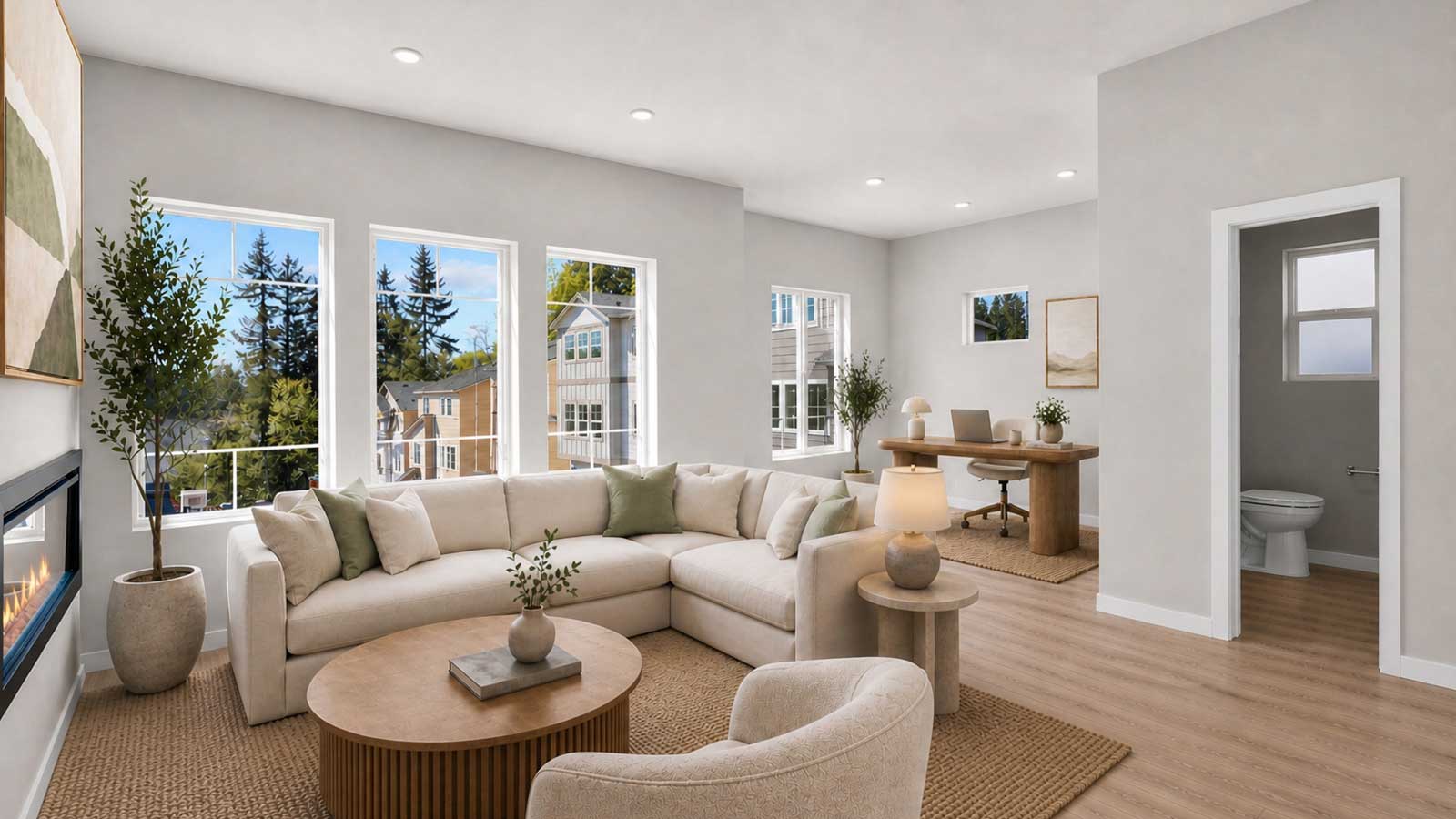 Gorgeous living room with flex study space and a powder bath on the main floor