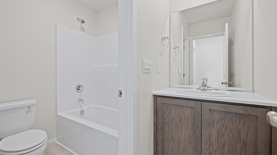 Hall bathroom with combination tub/shower and quartz counters