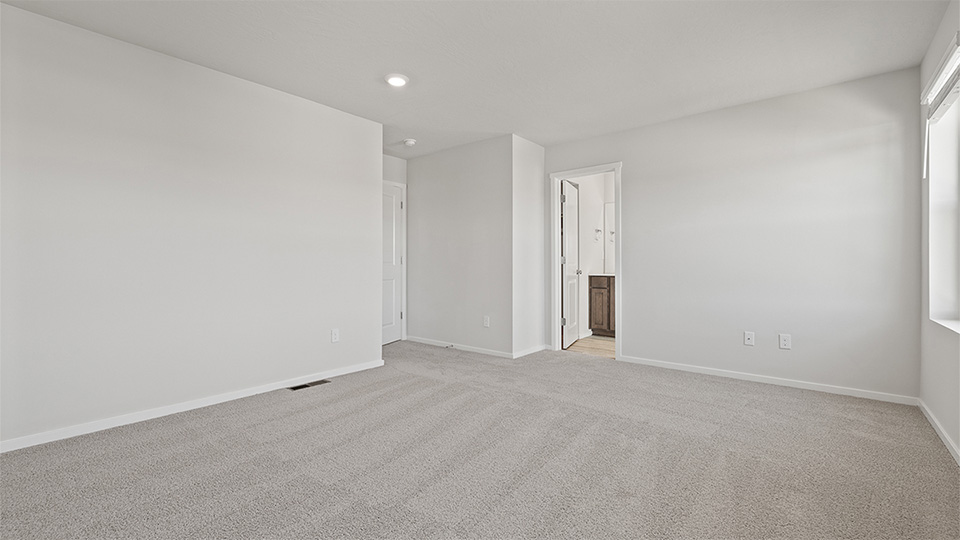 Primary bedroom with wall-to-wall carpet, a walk-in closet and an attached bathroom