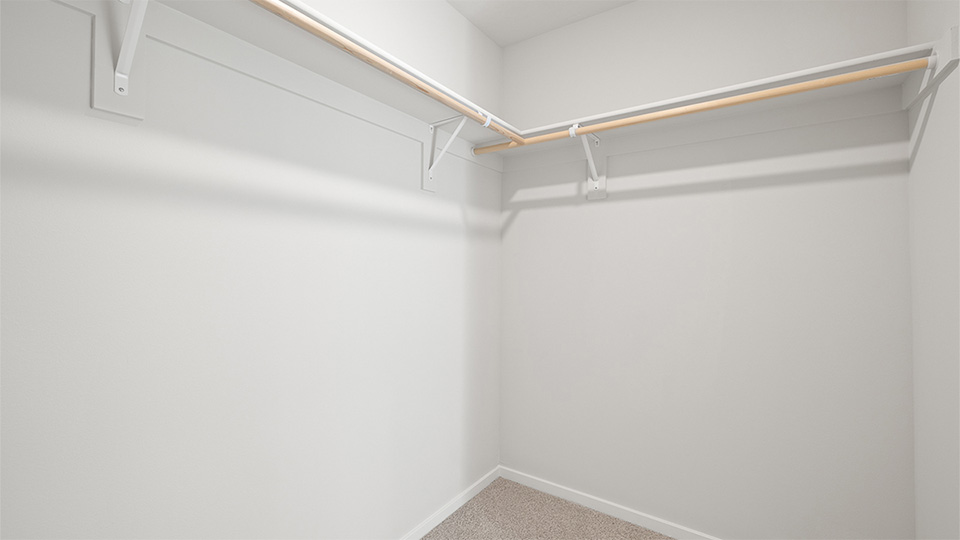 Primary bedroom walk-in closet with built-in shelves
