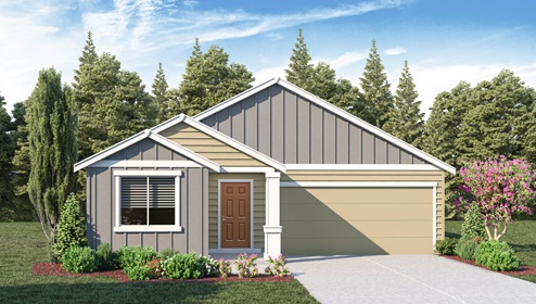 exterior front rendering of the spruce floor plan, a single-story home with a 2-car garage