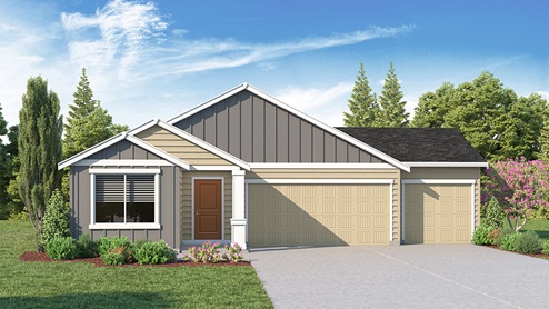 exterior front rendering of the spruce floor plan, a single-story home with a 3 car garage