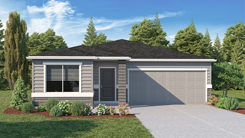 exterior front rendering of the spruce floor plan, a single-story home with a 2-car garage