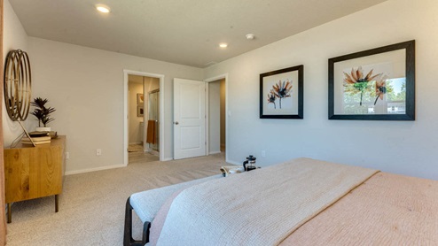 large primary bedroom with wall-to-wall carpet, a walk-in closet, and an en-suite bathroom
