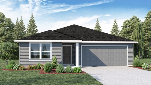 exterior front rendering of the cali floor plan, a single-story home with a 2 car garage