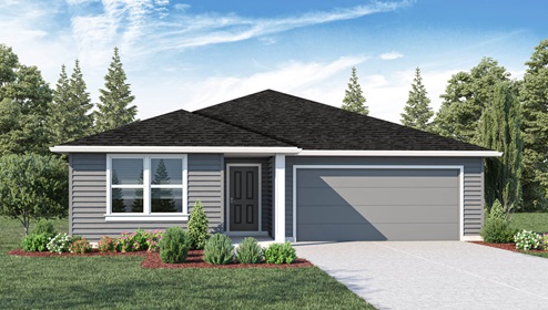 exterior front rendering of the cali floor plan, a single-story home with a 2 car garage