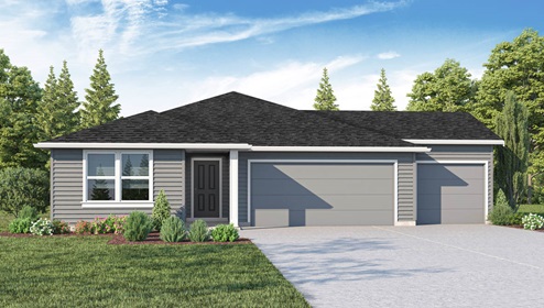 exterior front rendering of the cali floor plan, a single-story home with a 3 car garage