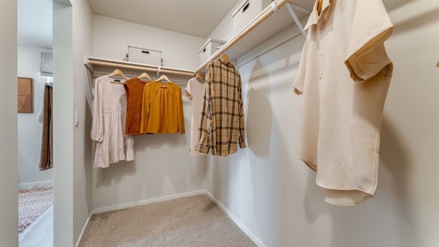 Primary bedroom walk-in closet with built-in shelves