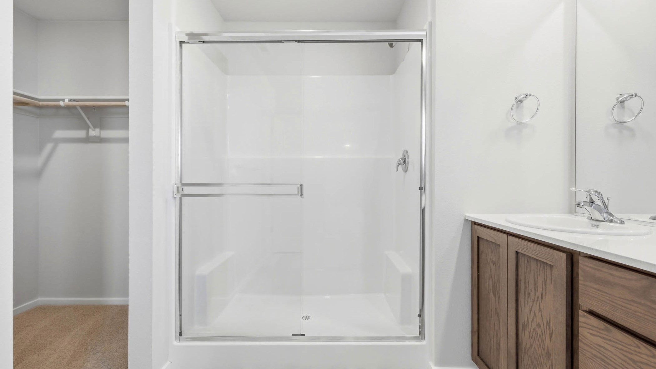 Primary bathroom with quartz counters and a walk-in shower