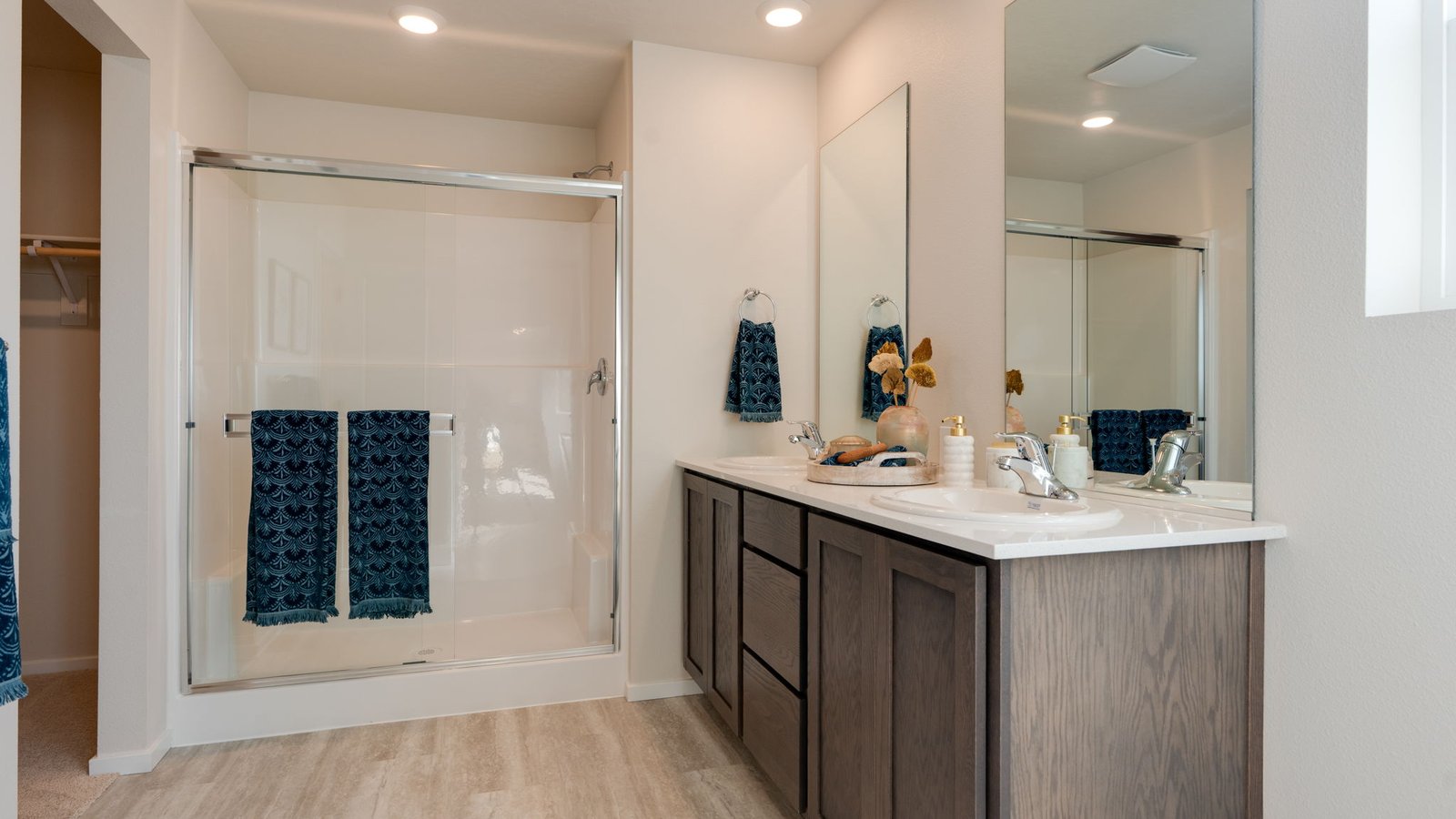 Primary bathroom with quartz counters and a walk-in shower