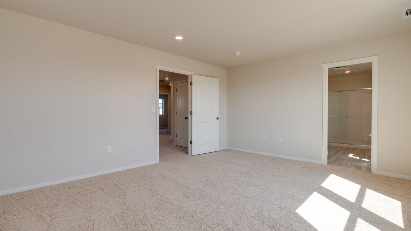 Primary bedroom with wall-to-wall carpet, a walk-in closet and an attached bathroom