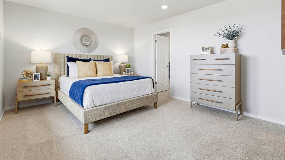 Primary bedroom with wall-to-wall carpet, a walk-in closet and an attached bathroom