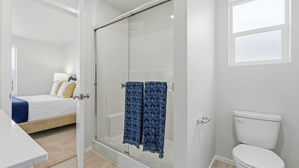 Primary bathroom with quartz counters and a walk-in shower