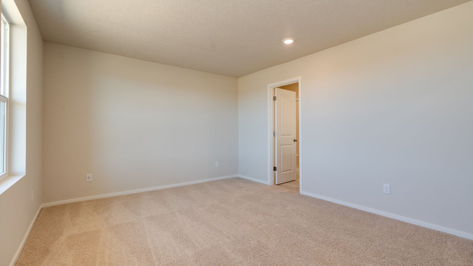 Primary bedroom with wall-to-wall carpet, a walk-in closet and an attached bathroom