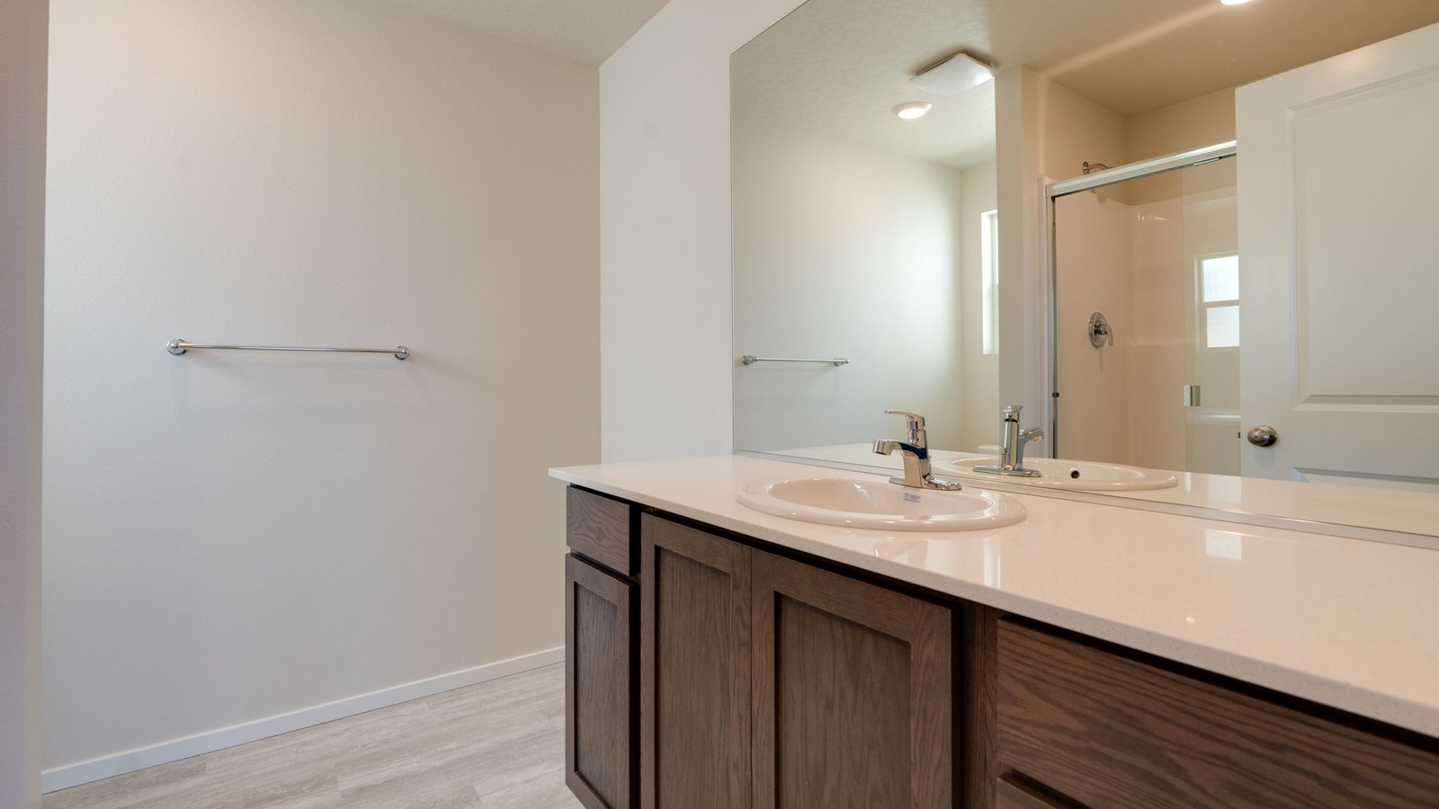 Primary bathroom with quartz counters and a walk-in shower