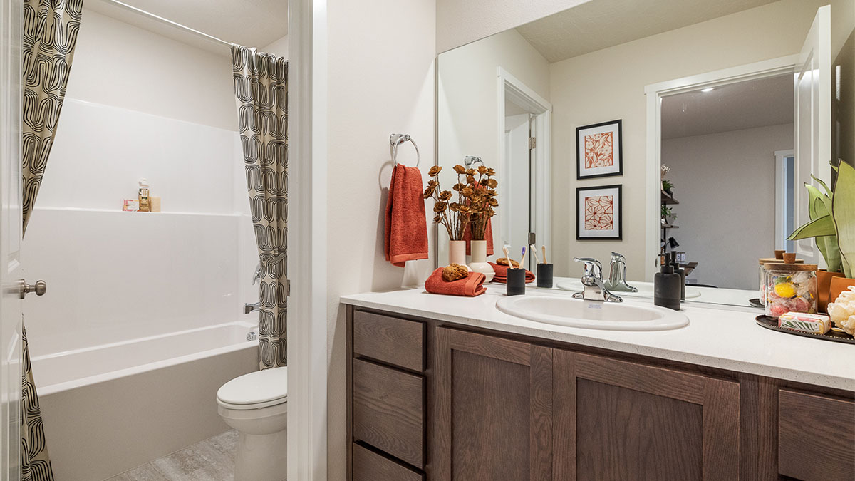 Hall bathroom with combination tub/shower and quartz counters