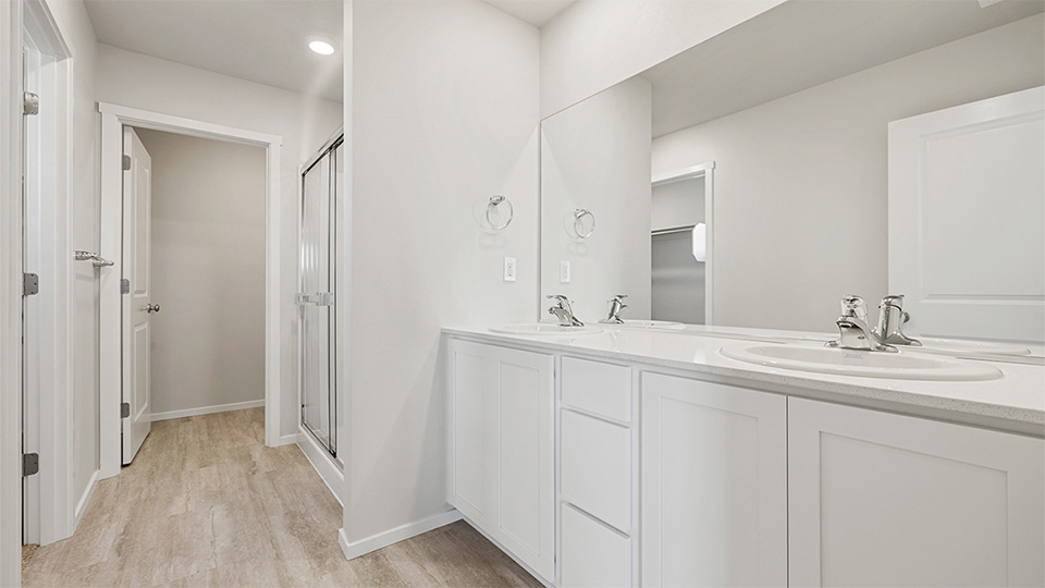 Primary bathroom with quartz counters and a walk-in shower