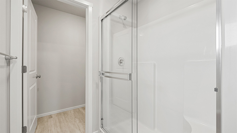 Primary bathroom with quartz counters and a walk-in shower