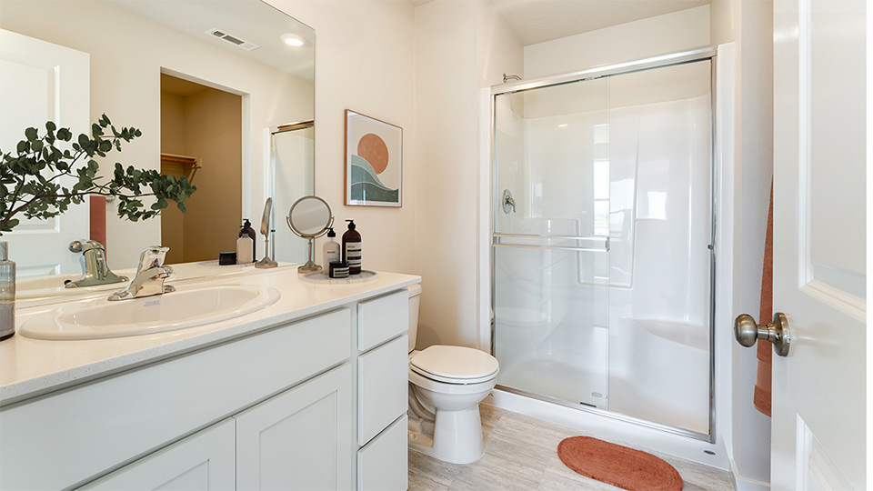 Primary bathroom with quartz counters and a walk-in shower