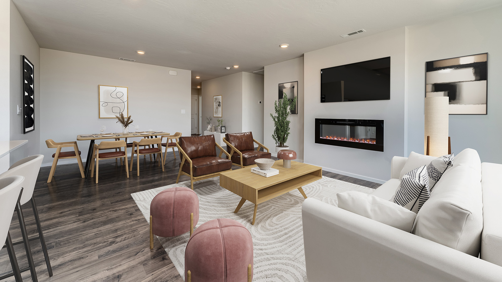 Great room with laminate flooring and an electric fireplace