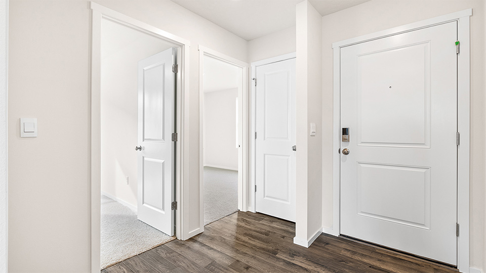 Entryway with a coat closet and laminate flooring